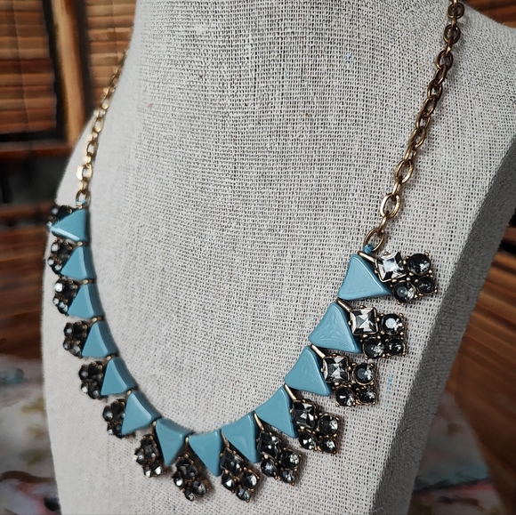 J. Crew Art Deco Revival Triangle Cornflower Blue Brass Smoke Stone Necklace EUC - Picture 2 of 10